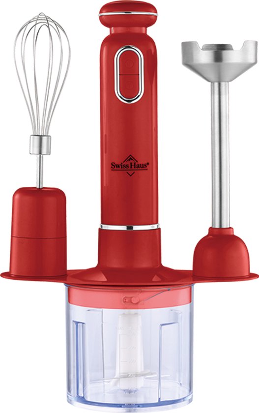 Swiss Haus® HBS19 Staafmixer Set 600W – Handblender met Turbo Functie – Hakmolen 500ml & RVS Garde – Afneembare RVS Staaf – 3-in-1 Functie – Rood van Merkloos