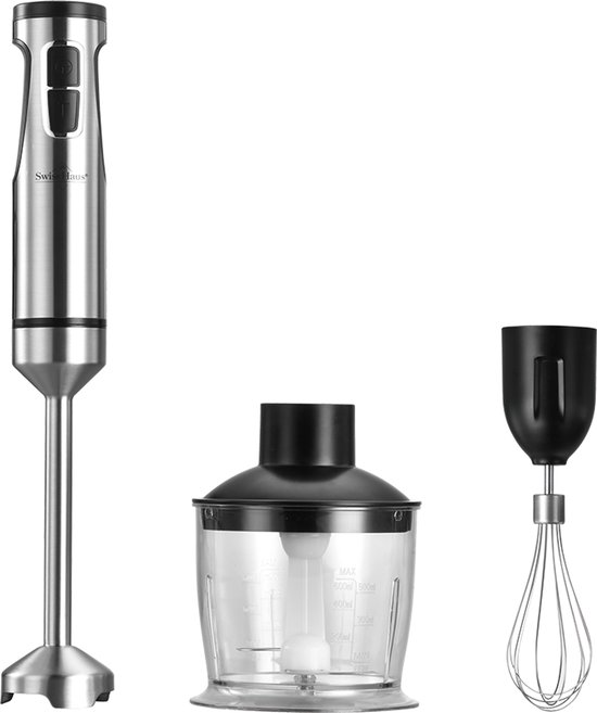 Swiss Haus® HBS22 3-in-1 Staafmixer - 1500W – RVS Hadnblender + Hakmolen 600ml + Klopper – 12 Snelheden + Turbo – Titanium 4 Bladenmes – Zermatt Glacier Collection van Merkloos