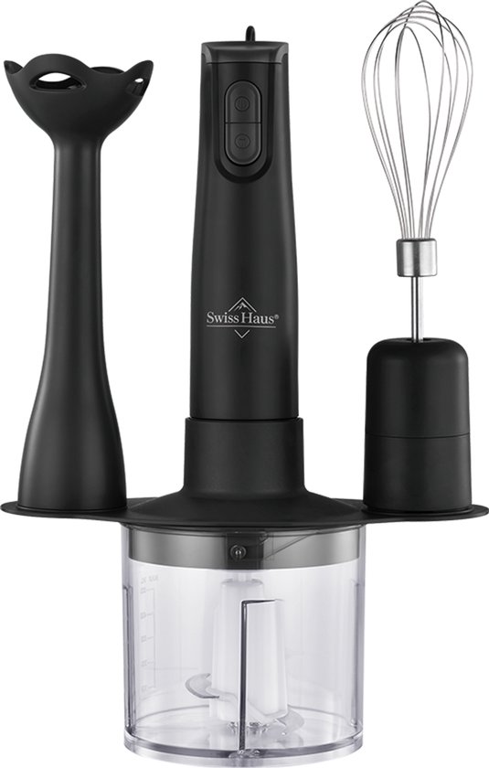 Swiss Haus® HBS23 Staafmixer Set - 350W Handblender met Hakmolen & Garde – Turbo Functie – 3-in-1 Staafmixerset – Lake Geneva Collection - Zwart van Merkloos
