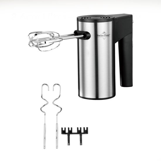 Swiss Haus® HM22 Handmixer - 300W – 5 Snelheden + Turbofunctie – Compacte Mixer met RVS Kloppers & Deeghaken – Zelfstaand Design – Accessoirehouder – Zwart/RVS van Merkloos