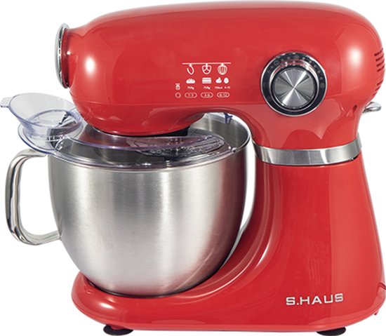 Swiss Haus® KM1905 Keukenmachine – 1000W Keukenrobot – 5L RVS Mengkom met Handgreep – 12 Snelheden – Retro Design – Multifunctionele Keukenmixer met Accessoires - Rood van Merkloos