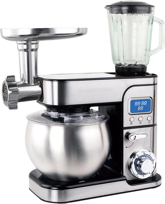 Swiss Haus® KM2206BG Keukenmachine 1300W – 6L RVS Mengkom – Keukenrobot met Blender 1.5L & Vleesmolen – Foodprocessor met Timer & LED Display – 6 Snelheden + Pulse – RVS van Merkloos