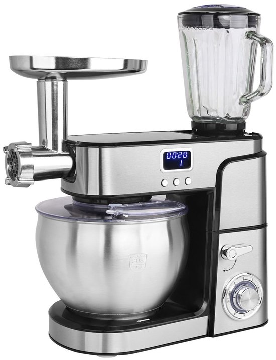 Swiss Haus® KM2207BG Keukenmachine - 1500W Keukenrobot – 7.0L RVS Mengkom – Met Blender 1.5L & Vleesmolen – Foodprocessor met Timer & LED Display – RVS van Merkloos