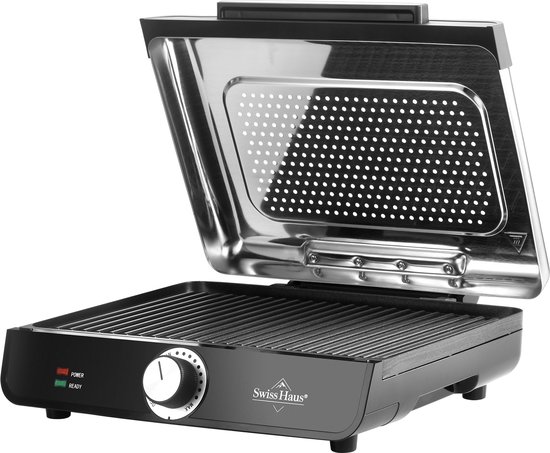 Swiss Haus® TG22 Rookvrije Elektrische Grillplaat 2200W - 36 x 26 cm - Tafelgrill - Indoor Contact Grill - Bakplaat - Gourmet - PFAS Vrij Antiaanbaklaag - Afneembaar Deksel - Met Temperatuurregelaar - RVS/Zwart
