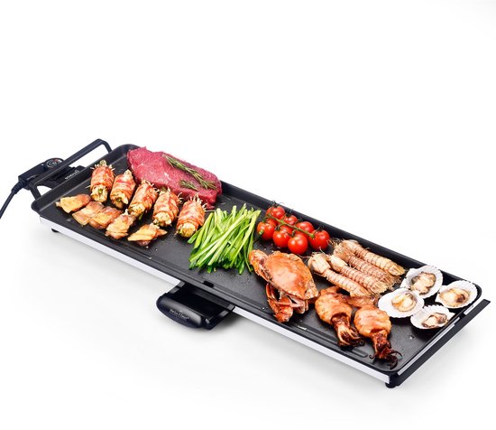 Swiss Haus® TP70 Bakplaat L - 1800W Elektrische Grillplaat - Gourmet - PFAS Vrij - 70x23 cm - Afneembare Thermostaat & Handgrepen - Vetopvangbak - Teppanyaki - Tafelgrill voor 6-8 Personen - Zwart