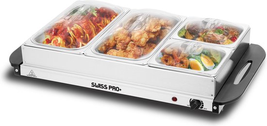 Swiss Pro+ buffetwarmer - elektrisch met kookplaatfunctie, temperatuurregelaar, RVS - opwarmapparaat, voedselverwarmer, warmhoudplaat Buffet - 2 x 2.5 Liter & 2 x 1 Liter - Buffetwarmer met Warmhoudplaat - Au Bain Marie - Warmhoudplaat -SP-BUF300
