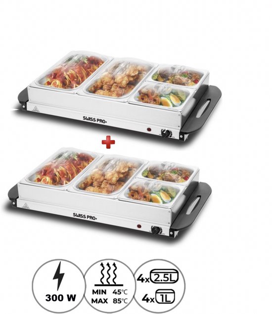 Swiss Pro+ Dubbele Warmhoudplaat - 300W - 4 x 2,5 Liter & 4 x 1 Liter - Incl deksel - RVS