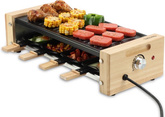 Swiss Pro+ - Gourmetstel - Raclette 8 personen - + GRATIS MARMEREN BAKPLAAT - Gourmetstel - 8 personen - Bamboe behuizing - Nieuw model 2026