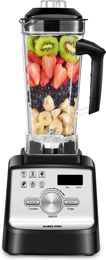 Swiss Pro+ Professionele Blender 2L Zwart - Roestvrijstaal - 2 Liter - Krachtige Smoothiemaker en ijscrusher - 2000W - 9 Snelheden - 6 Functies - Digitaal van Merkloos