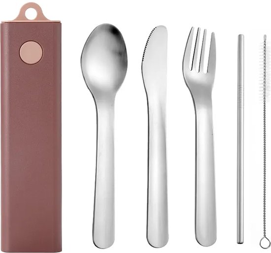 Swissbex Reisbestek in Handig Opbergdoosje: Stijlvol Roestvrij Stalen Bestek en Metalen Rietje met reinigingsborstel - Bruin/Roze van SwissBex