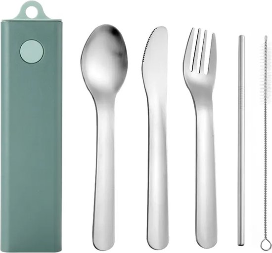 Swissbex Reisbestek in Handig Opbergdoosje: Stijlvol Roestvrij Stalen Bestek en Metalen Rietje met reinigingsborstel - Groen van SwissBex