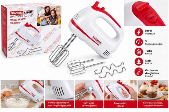SwissLine Switzerland Handmixer-200w-5 snelheden +Turbo- met gardes en deeghaken van SWISS LINE SWITSERLAND