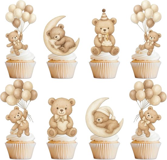 Taartdecoratie Beer Set voor onvergetelijke Baby Shower momenten, Cupcake Decoratie jongen meisje perfect voor Gender Reveal feestje, Taarttopper Happy Birthday met liefdevol design, 36