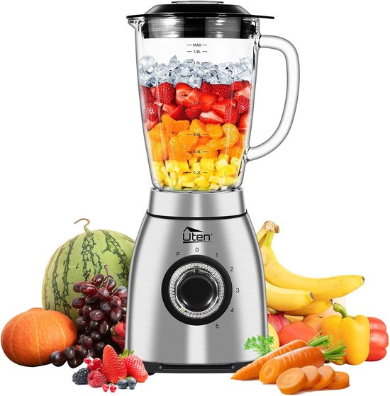 Tafelmixer 2 Liter - Glas Beker - 1800 W Krachtige Motor - 5 Snelheden en Impulsen - Voor Smoothies en Milkshakes