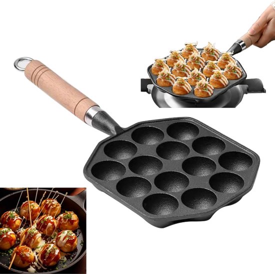Takoyaki Pan met 14 Holes - Ideaal voor Takoyaki, Aebleskiver en Poffertjes - Gietijzeren Grillpan met Afneembare Handgreep van Merkloos
