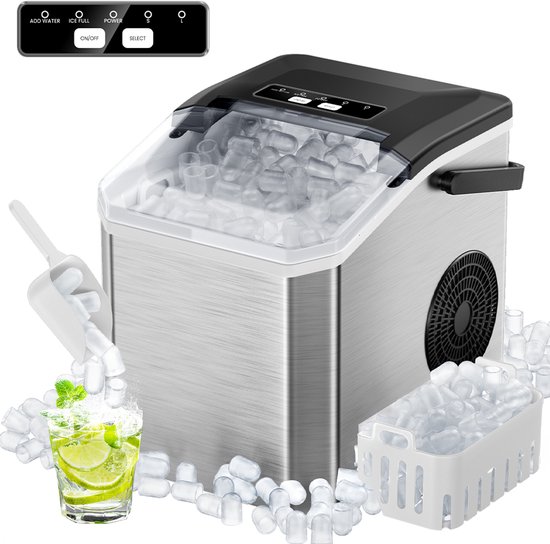Tdyon IJsblokjesmachine - 1,3 l roestvrij staal - LED-display - 15 kg/24 uur - maakt ijsblokjes in 6 minuten - geluidsarm - met zelfreinigingsfunctie - voor thuis, in de keuken en op kantoor van Merkloos