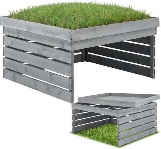 Tectake® Houten Robotmaaier Garage, Grasmaaier Garage, 84 x 78 x 46 cm, Robotmaaier Bescherming, met Dak om te Beplanten, Bloembak Inclusief Zeil, Tuinhuisje van Grenen, Weer- en UV-Bestendig, Grijs