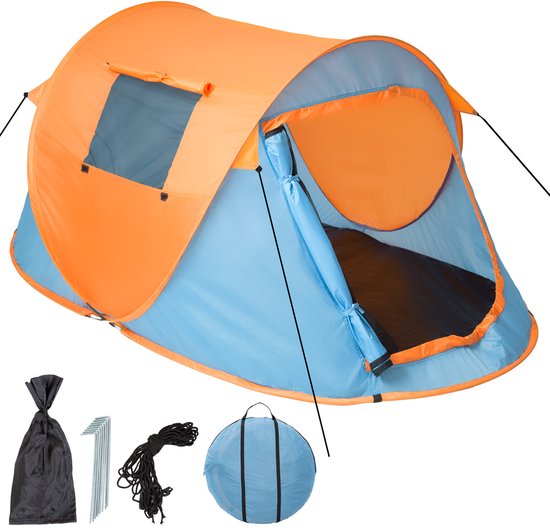 tectake® Pop-up Tent voor 2 Personen - Inclusief Spantouwen, Haringen en Praktische Draagtas - Blauw-Oranje | nr. 401674 van TecTake