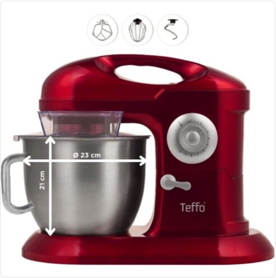 Teffo stand mixer - keukenmixer - rood - 7 liter - 10 standen - 1200 watt van Merkloos