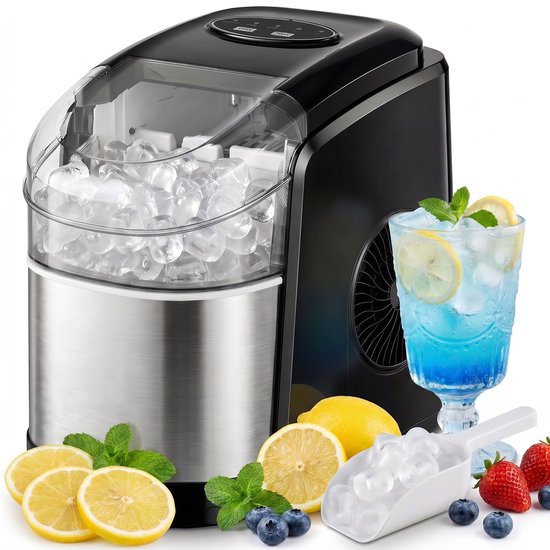 TEKROA® Ijsblokjesmachine met zelfreinigingsfunctie - 9 IJsblokjes in 6-12 Minuten - 1.7L Capaciteit, 12kg/24u - Compact Design - RVS - Zwart