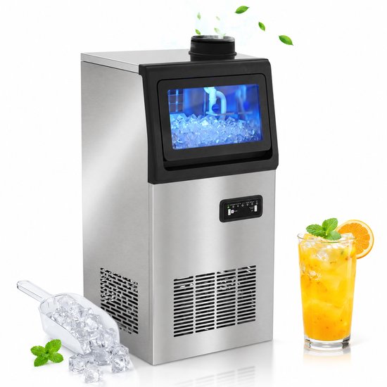 TEKROA® Professionele IJsblokjesmachine - 36 kg/24u - Roestvrij Staal (RVS) - 7,5 kg Opslagcapaciteit - 36 IJsblokjes per 10 Minuten - IJsschep - Draagbaar-Horeca IJsmaker