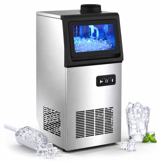 TEKROA® Professionele IJsmaker 45 kg/24u - Roestvrij Staal (RVS) - Vrijstaand & Onderbouw IJsblokjesmachine - IJsmachine Geschikt voor bars, restaurants of kantoren - Zilver