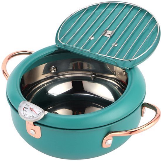 Tempura Frituurpan met Thermometer en Olieopvangrek Japanse RVS Braadpan voor Inductiekookplaat voor het Frituren van Kip, Friet, Vis en Garnalen Diepgroen van Merkloos