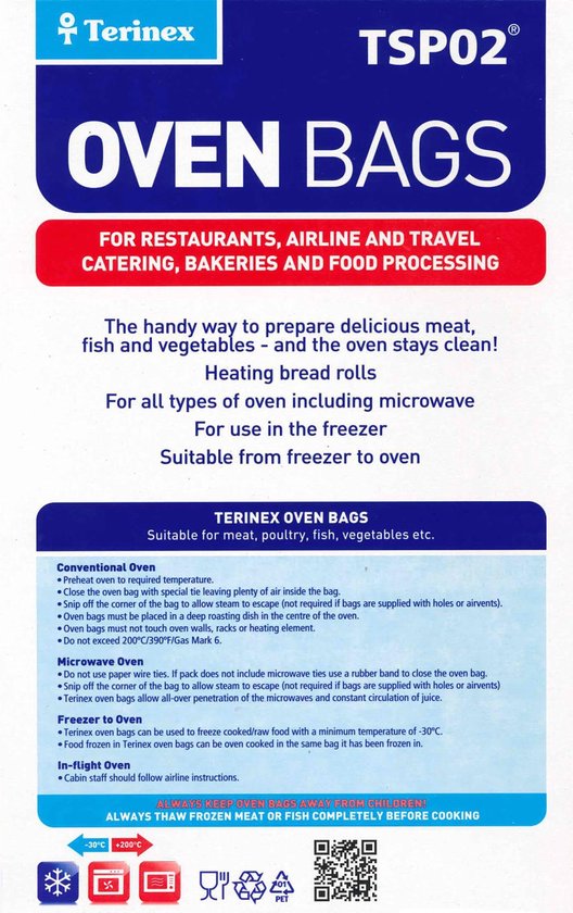 Terinex Ovenzakken - vlees, gevogelte, vis, groente etc. - Voor restauranten, airlines, reis catering, bakerijen en voedselverwerking - 150 zakken van T