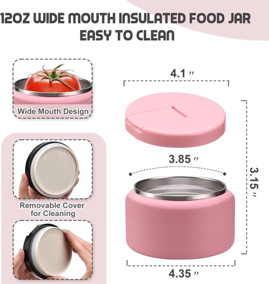 Thermocontainer voor voedsel 400 ml in roze, ideaal voor onderweg, warm of koud eten bewaren
