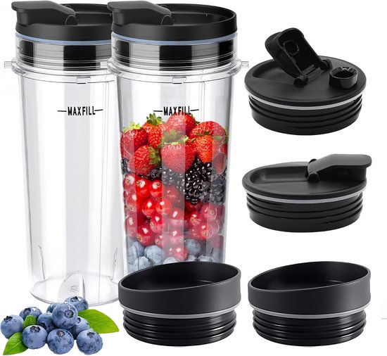 Thijox - 2 Vervangende Blenderbekers 16oz met 4 Drink- en Sluitdeksels voor Ninja Blenders - Geschikt voor BL660, BL740, BL770, BL780, BL810, BL820, Q