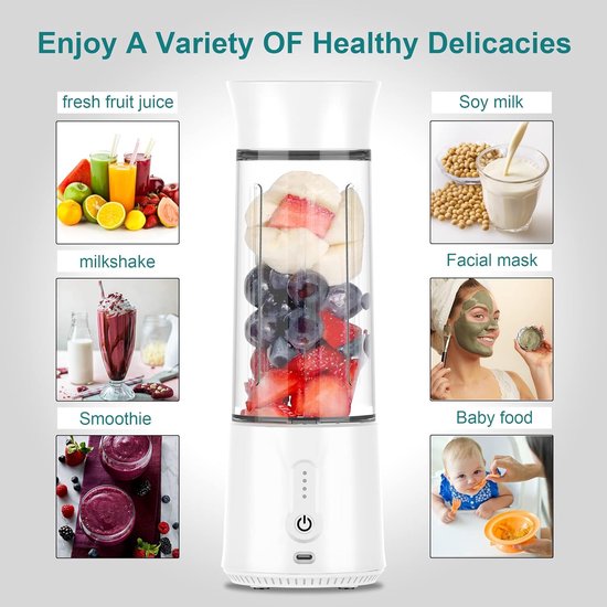 Thijox - Draagbare Blender met 6 Roestvrijstalen Mesjes, USB Oplaadbaar, 380ml, Food Grade ABS, Ideaal voor Smoothies en Shakes, Camping, Keuken, Spor