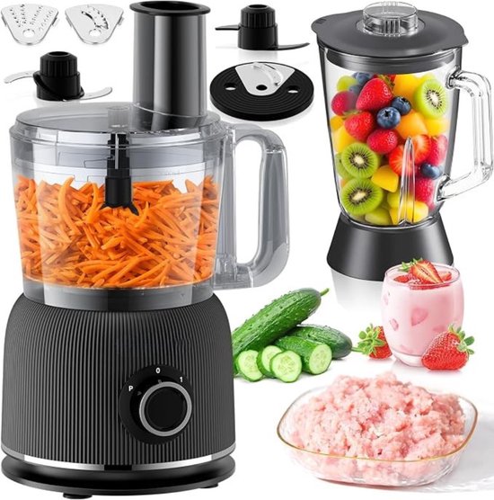 Thuys - Foodprocessor & Blender 1500W – 2,5 L Foodprocessor + 2 L Glazen Blender – 20.000 RPM – 2 Snelheden & Pulse – Zwart