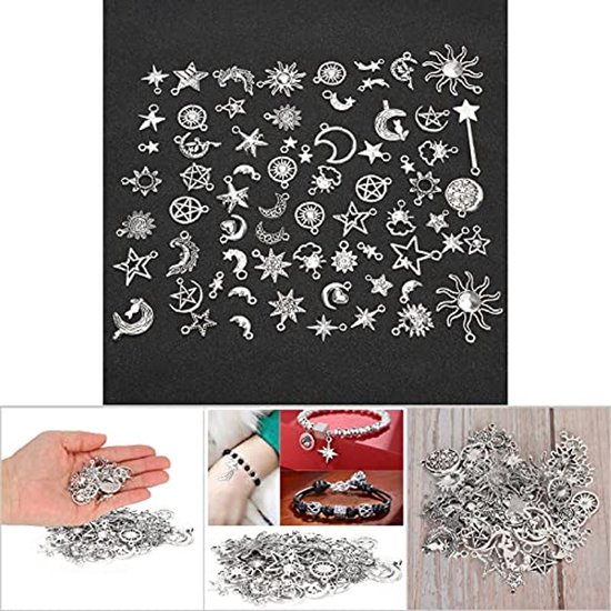 Tibetaans zilveren accessoires van brons, 70 stuks, hangers met zon, maan en sterpatroon, sieradenaccessoires, kralenassortiment voor doe-het-zelf ketting en armband, roestvrij staal