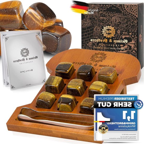 Tijgeroog Whiskystenen Set van 9 - Gegraveerd bamboeframe - Koelstenen - Whisky cadeaus voor mannen - Herbruikbare ijsblokjes - Whisky cadeauset van Meeral