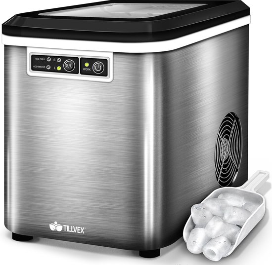 tillvex Ijsblokjesmachine Roestvrij Staal 12 kg - 24 u | Ijsblokjesmaker 2,2 Liter Watertank | Ice-Maker LED-Display & Zelfreinigingsfunctie | 2 IJsblokjes Maten van Merkloos