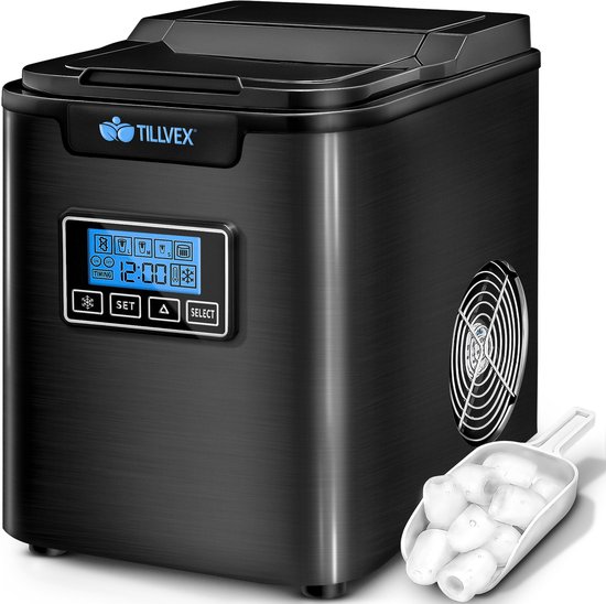 tillvex Ijsblokjesmachine Roestvrij Staal 12 kg - 24 u | IJsblokjesmaker met Timer en 2,2 Liter Watertank | Ice-Maker LCD-Display & Zelfreinigingsfunctie | 3 IJsblokjes Maten van Merkloos