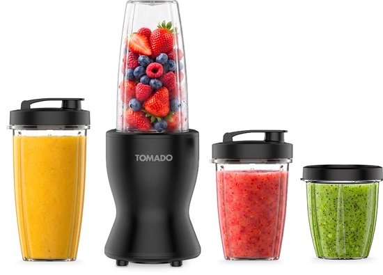 Tomado TTB0541B - Blender - Blender to go - 3 drinkbekers en drinkdeksels - 2 drinkringen - Zwart van Tomado