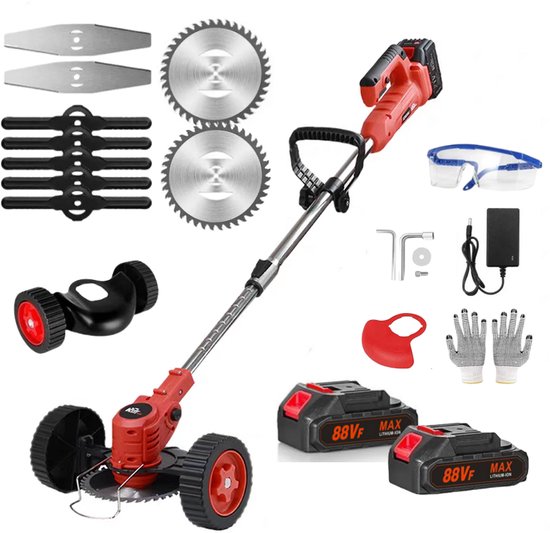 Traumheim® 3-in-1 Kantenmaaier – Grastrimmer – Bosmaaier – Grasmaaier – Draadloos & Elektrisch – Incl. 2 Accu ‘s & Snellader– met wielen –Red van Traumheim