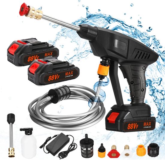 Traumheim® Hogedrukreiniger - 88V - 400W - draagbare hogedrukreiniger - op batterijen - Krachtige hogedrukspuit - autoreiniger met 2 batterijen - slang van 5 m - voor auto's tuinen en magazijnen - 1500 mAh van Traumheim