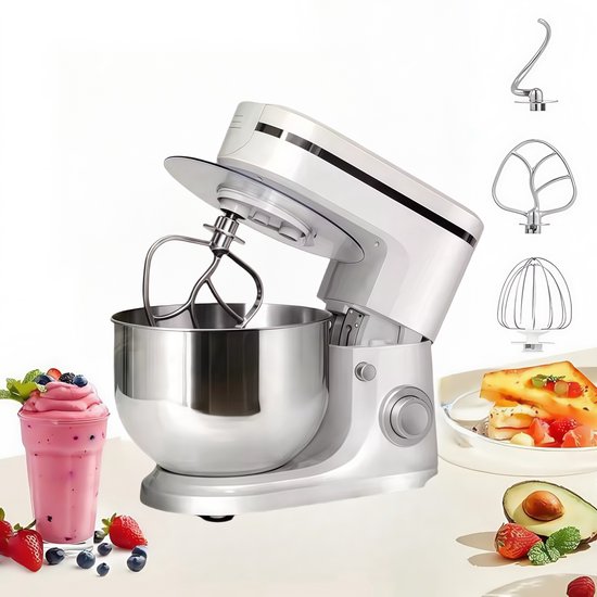 Traumheim® XS-002 6L 3-in-1 multifunctionele standaardmixer, 1500W keukenmachine, 6+P snelheid, knedenmachine met 3 accessoires en kom (wit) van Traumheim