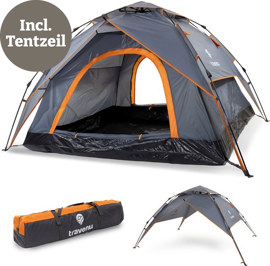 Travenu Pop Up Camping Tent - Waterdicht en Ventilerend Muggengaas - Automatische Koepeltent - Festival Seizoen 2024 - Kampeertent voor 2 tot 3 Personen - 230x190x140 cm van Travenu