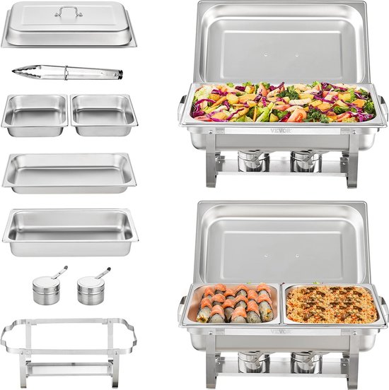Trendique - Warmhoud bakken - Set van 2 - Food warmer - Buffetschalen - Voedsel warm houden - 2 grote bakken en 4 kleine bakken - 60x35x32 cm - Capaciteit elk 7,5 L - Roestvrij staal