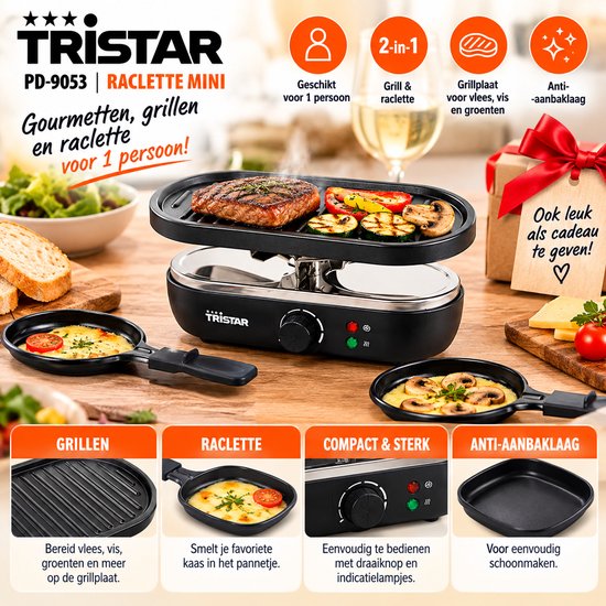Tristar PD-9053 Raclette Mini – 3-in-1 – Gourmet & Grill – Voor 1 Personen – 2 Raclettepannetjes – Anti-aanbaklaag – Zwart - Kerst kado
