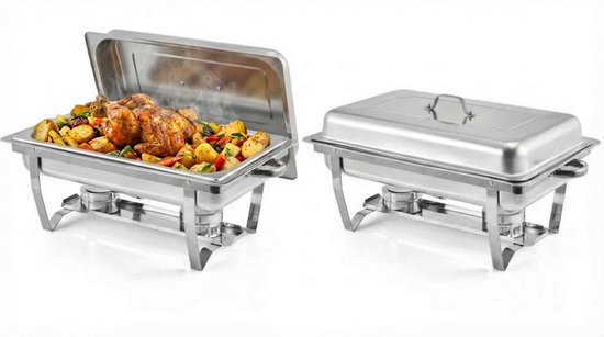 Triumpunpre - 8 QT RVS Warmhoudschaal Buffet Set - Rechthoekige Chafing Dish met Deksel - Pannen en Brandstofhouders - Eten Warmhouder voor Catering, Feesten en Bruiloften - 2 Sets Originele Kleur Enkele cel