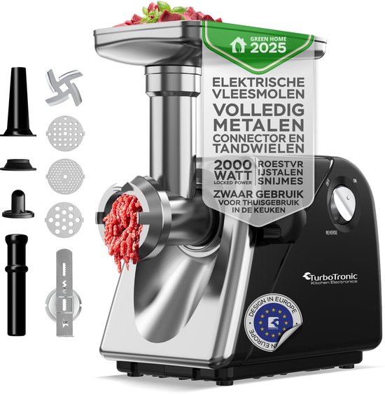 TurboTronic MG20 Elektrische Vleesmolen - Gehaktmolen - 2000W - Zwart/Chroom van TurboTronic