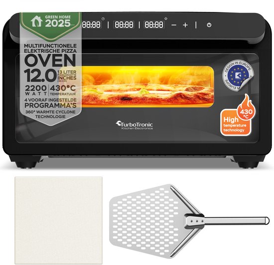TurboTronic PO15 Elektrische Pizza Oven - Slimme Pizzaoven tot 400 °C - Zwart