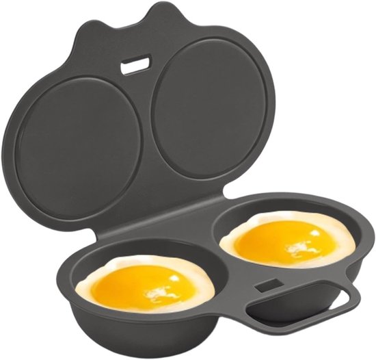 Twee stuks grijze 16 * 12 * 3cm met deksel en handvat magnetron ei-golfoven, dubbele kamer magnetron ei-golfoven ei-golfoven magnetron ketel koker, niet-lijm ei-koker, magnetron ei-koker in de keuken