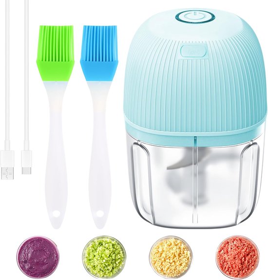 uienhakmolen, USB-oplaadbaar, 250 ml, elektrische mini-hakmolen, draadloze knoflookpers, elektrische groentesnijder, blauw