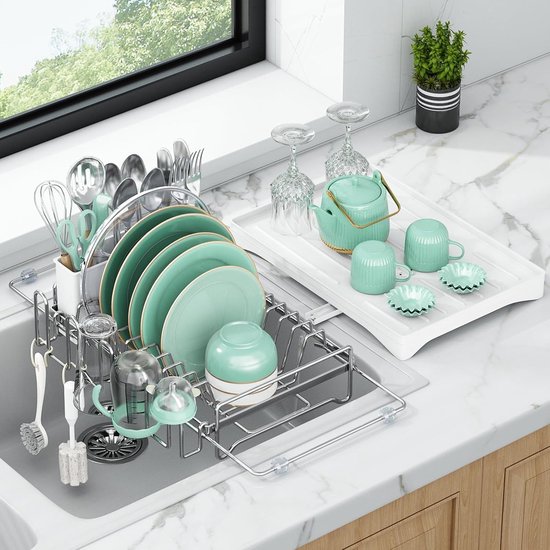 Uitbreidbare afwasdroger met siliconen druppelbak - extra groot en breed - roestvrij staal, ideaal voor keuken en vaatwassen