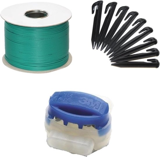 Uitbreidingsset, kabelhaak, connector, begrenzingsdraad, haringklemmen, compatibel met Yard-Force Husqvarna Automower Gardena Worx, set: 100 m + 100 H + 6 V